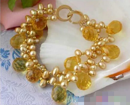 

free shipping 01128 3ROW 8" GOLD RICE CULTURED PEARL DRIP CITRINE bracelet