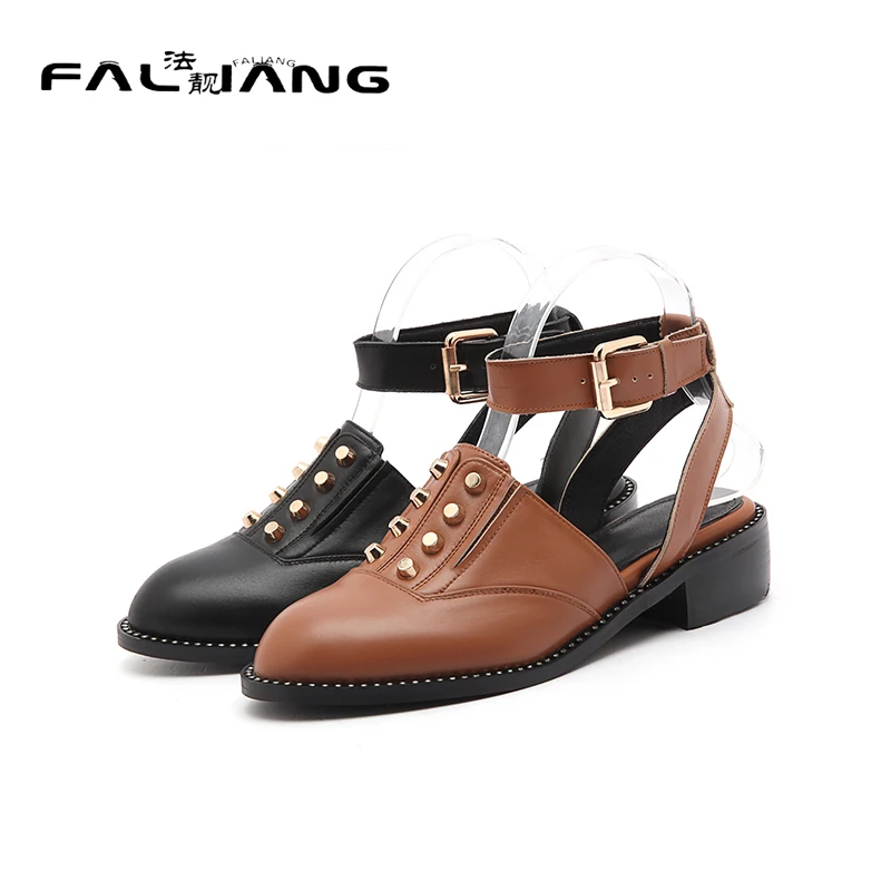 

2017 New Genuine Leather Casual Buckle Strap Sandals Big Size 11 12 Retro Rivet Square heel women shoes woman ladies womens