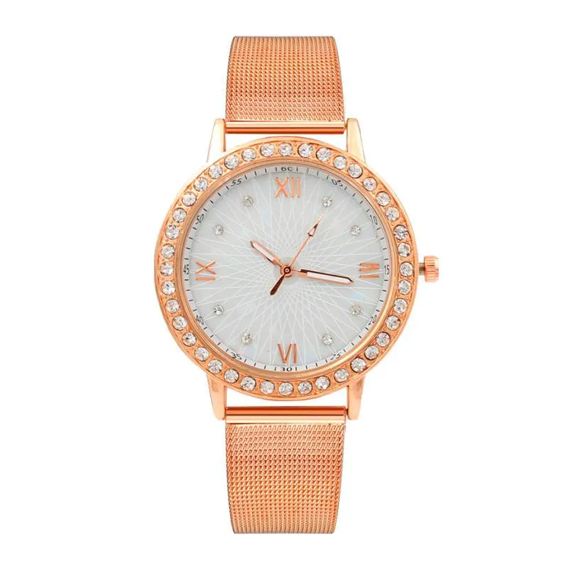 Women's Watches Bracelets Classy Women Ladies Crystal Roman Numerals Gold Mesh Stainless Steel