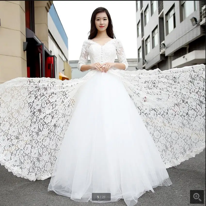 

New designer 2017 white lace a line 3/4 sleeve wedding dress v neckline sheer back sexy corset stylish bride gowns hot sale