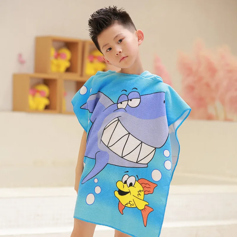 Children's Bathrobe Microfiber Towel Dried Fast Baby Bathing Towels Cartoon Animal Shark Child Boy Girls Hooded Pool Swim Towel - Цвет: 7