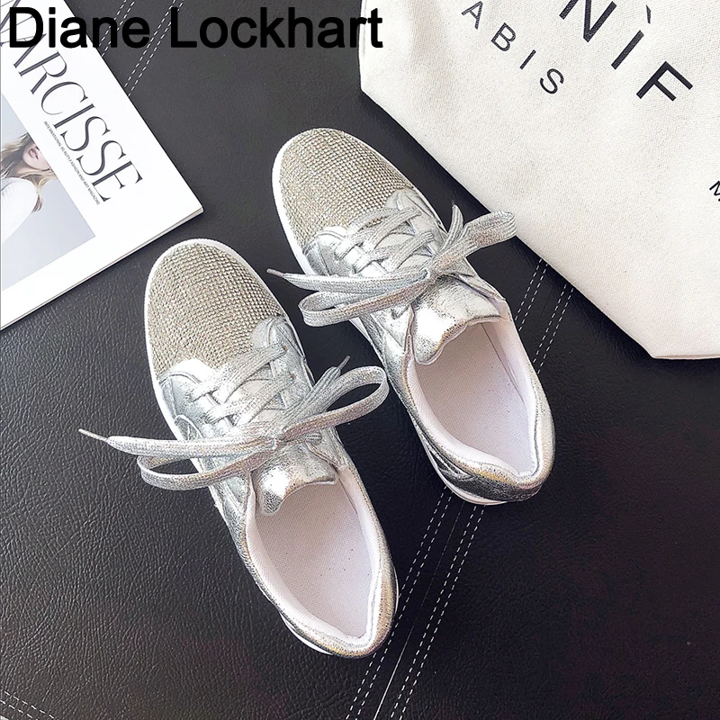 

Women Sneakers Flats 2019 Fashion Vulcanized Shoes Pu leather Platform Lace up Casual Silver Tenis Feminino Zapatos De Mujer