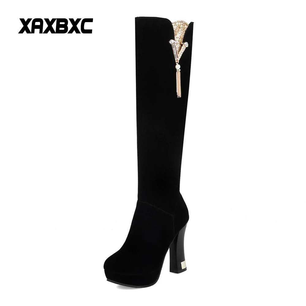 

XAXBXC 2018 New Autumn Winter Flock Platform High Heels Long Boots Short Fur Warm Women Botas Mujer Shoes Plus Size