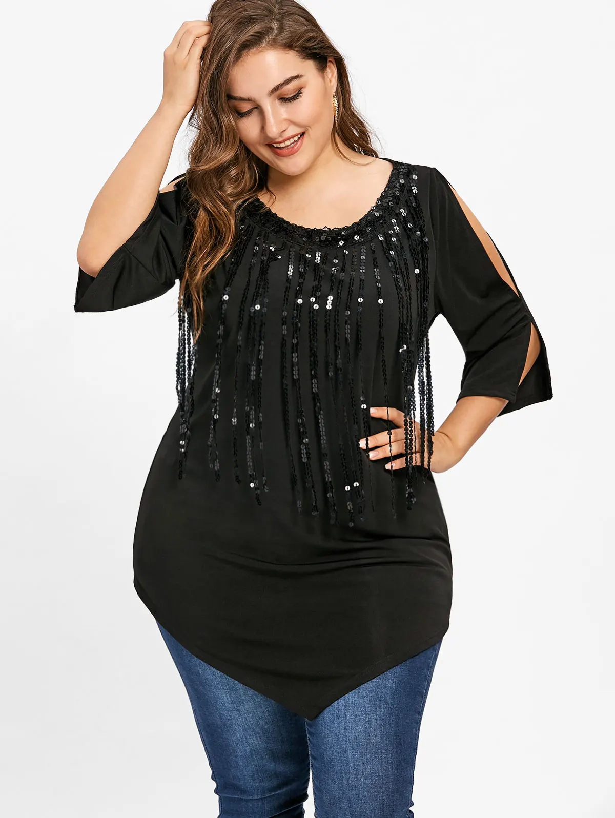 Wipalo Plus Size Spring Sequins Fringe Asymmetric Shirt Women Clothing ...