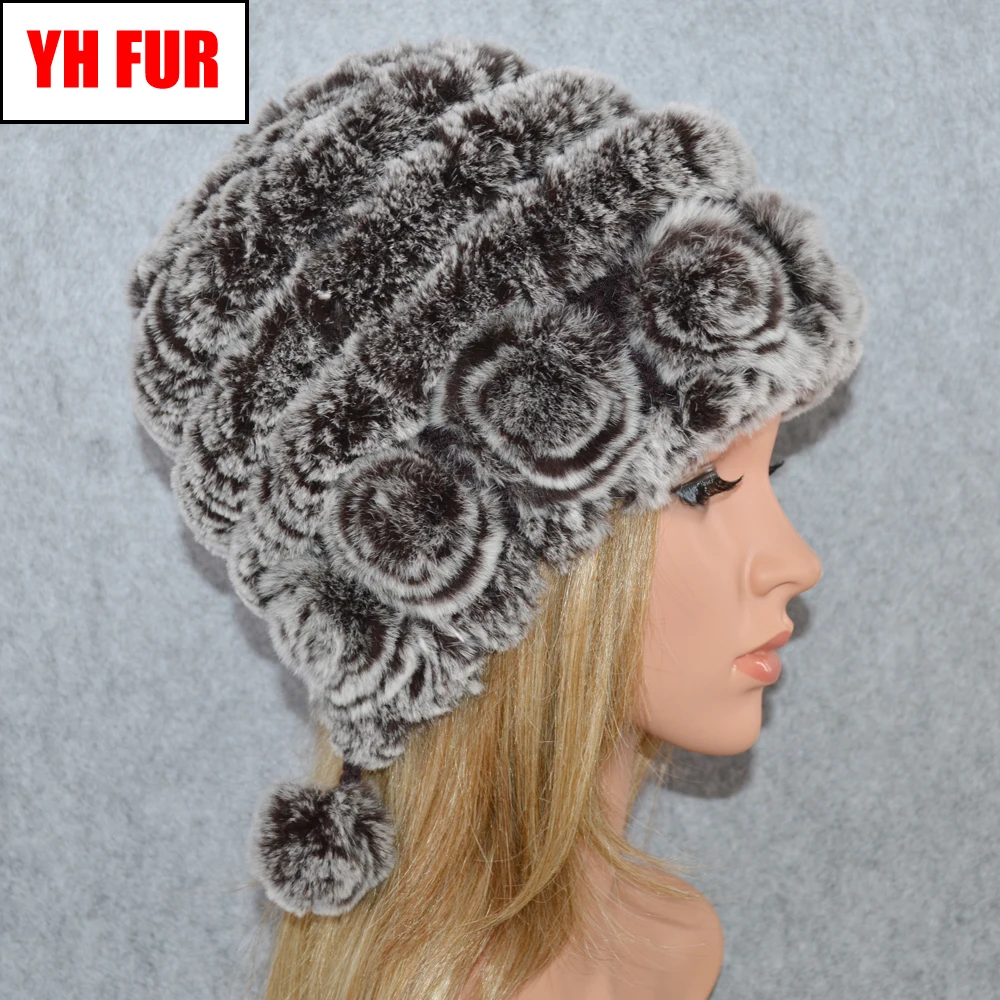 

Hot Sale Winter Women Flowers Striped Natural Real Rex Rabbit Fur Hats Lady Warm Knit Genuine Fur Caps Russian Outdoor Fur Hats