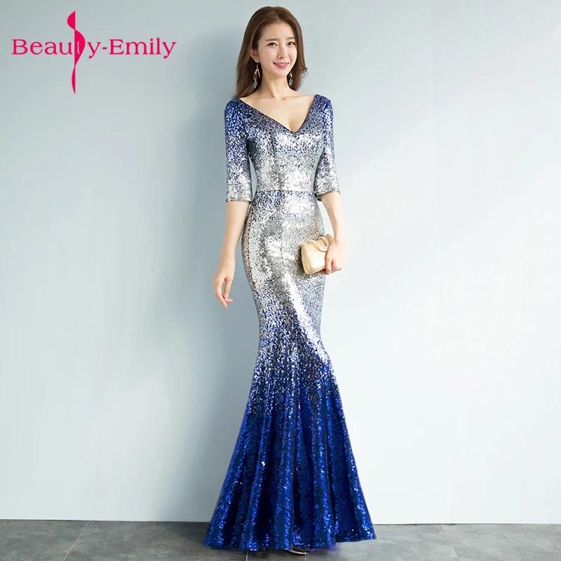 Women's evening dress Elegant sexy V-neck Long Evening party Dresses starry sky blue Empire Mermaid Lace V-neck Evening Dresses