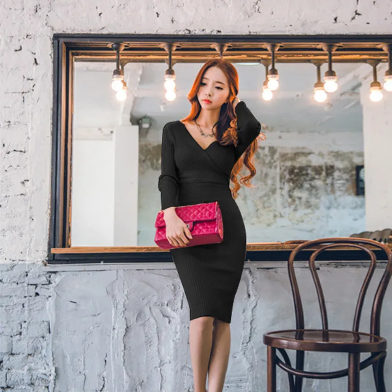 Fit 45-70KG Autumn Winter Women Knitted Cotton Skinny Sweater Dress V-neck Slim Bodycon Dress Elegant Sexy Party Vestidos Fit 45-70KG Autumn Winter Women Knitted Cotton Skinny Sweater Dress V-neck Slim Bodycon Dress Elegant Sexy Party Vestidos