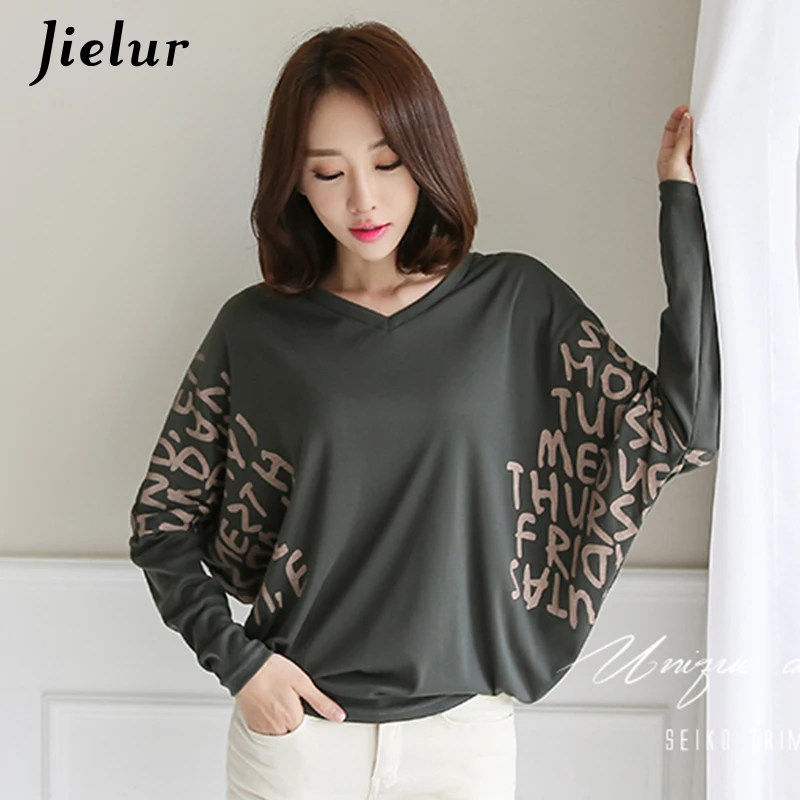 Jielur Новая мода плюс размер женская футболка рукав летучая мышь свободные женские футболки с v-образным вырезом рубашки для отдыха 3 цвета s-xl