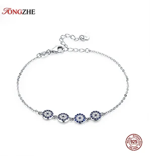 TONGZHE подлинный женский браслет из стерлингового серебра 925 CZ голубой Круглый браслет с бусинами от сглаза турецкие браслеты хорошее ювелирное изделие