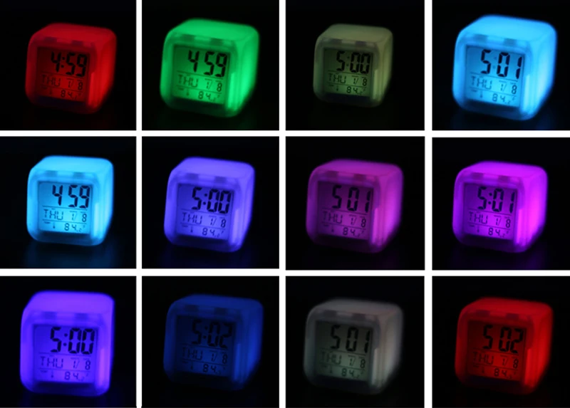 Цифровой электронный светодиодный Будильник, 7 цветов, сменный термометр, светящийся куб, настольные часы, ночной детский будильник