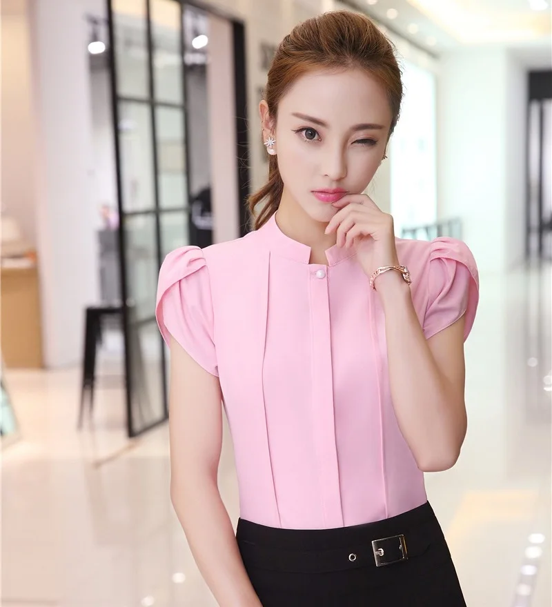 Formal Women Pink Blouses And Shirts Short Sleeve Summer Ladies Work