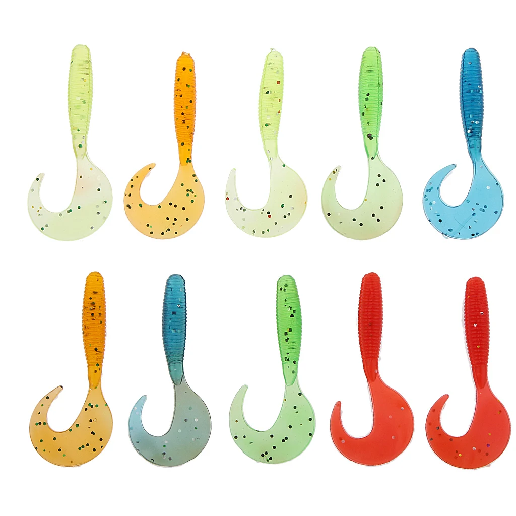 

Set of 10 Artificial Curly Tailed Grub Worm Soft Plastic Fishing Lures Micro Jig Head Hook Tackle Bait Fishing Tools 6.5cm
