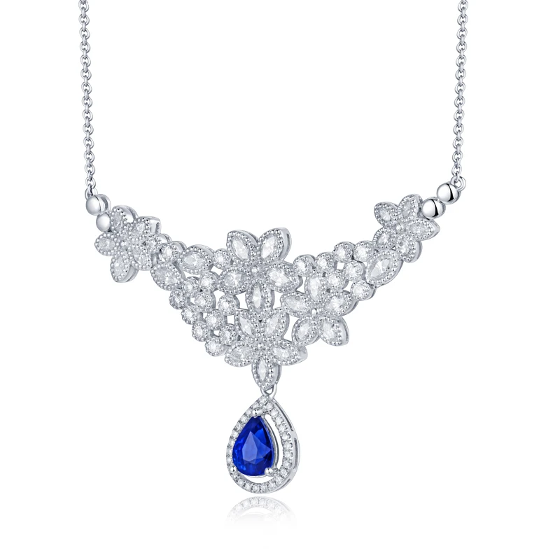 Wedding Jewelry Pear Blue Sapphire White Gold Plated Pendant Free Necklace 