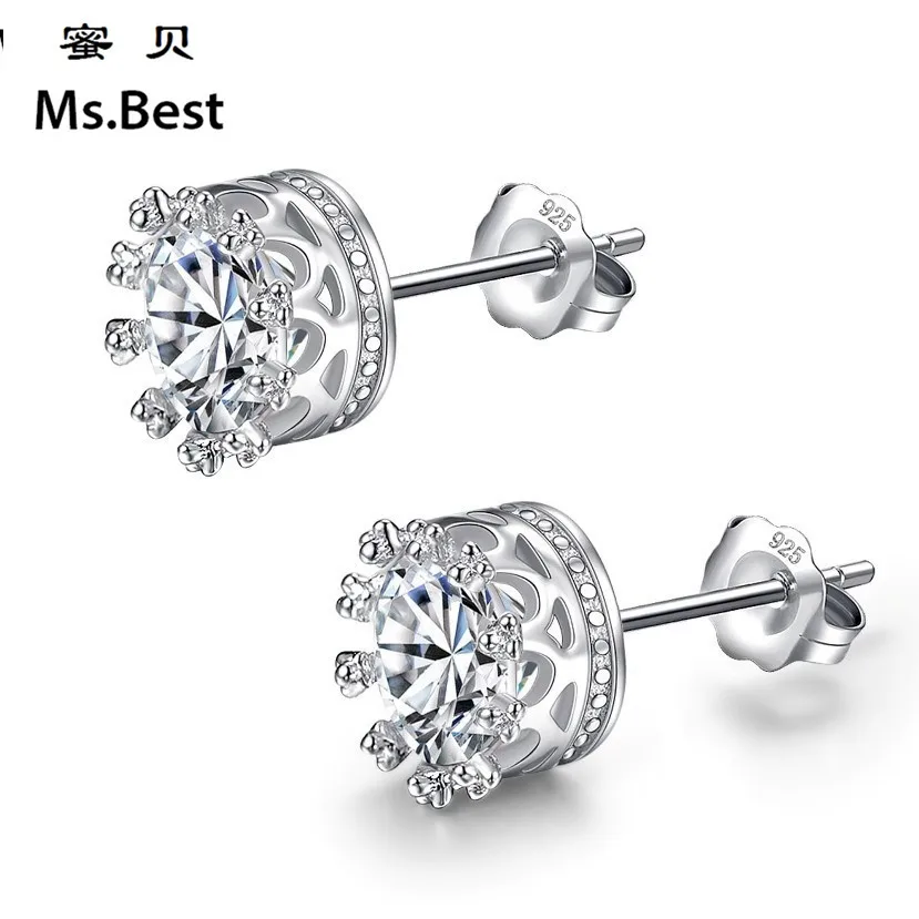 Brand Crystal Crown earring studs girls 925 sterling silver ear studs