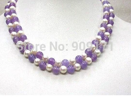 

Free Shipping>>>Genuine 60" 8mm round lavender jade white pearls necklace