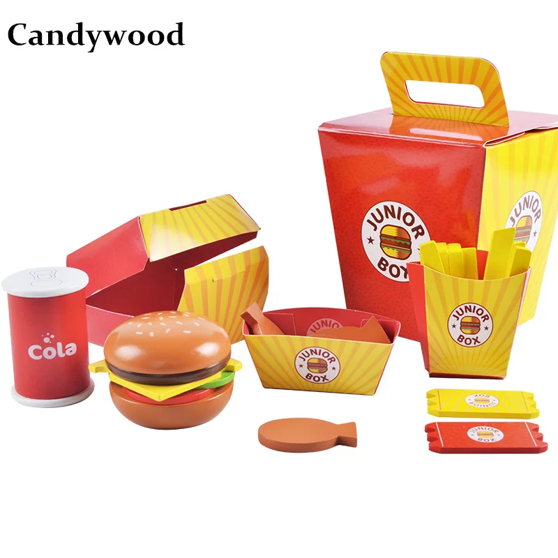 

Candywood Baby kids Wooden Pretend Play Lunch Food Wooden Toys French Fries Hamburger Set Kitchen Toys Children boy girl Gifts