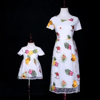

Mother Daughter Dresses Mesh Flower Mommy and Me Clothes Mother and Daughter Clothes Dress Fruit Print Family Matching Outfits