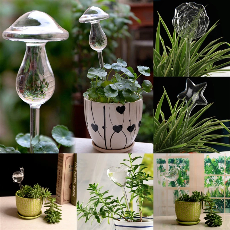 

Plant Watering Device 6 Shapes House Plants Flowers Water Feeder Automatic Self Watering Devices Clear Glass Water Feeder Bird