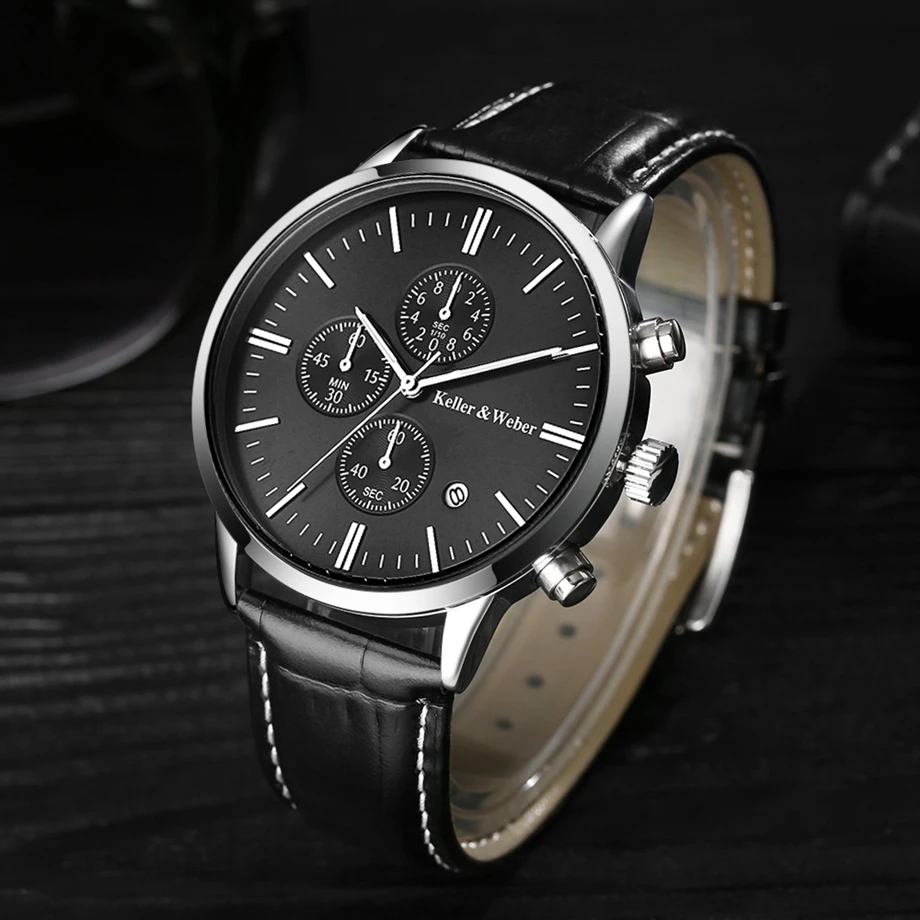 Keller & Weber Mens Watches 30m Waterproof Quartz Business Watches Date Display Genuine Leather Band Relogio Masculino Best Gift (2)