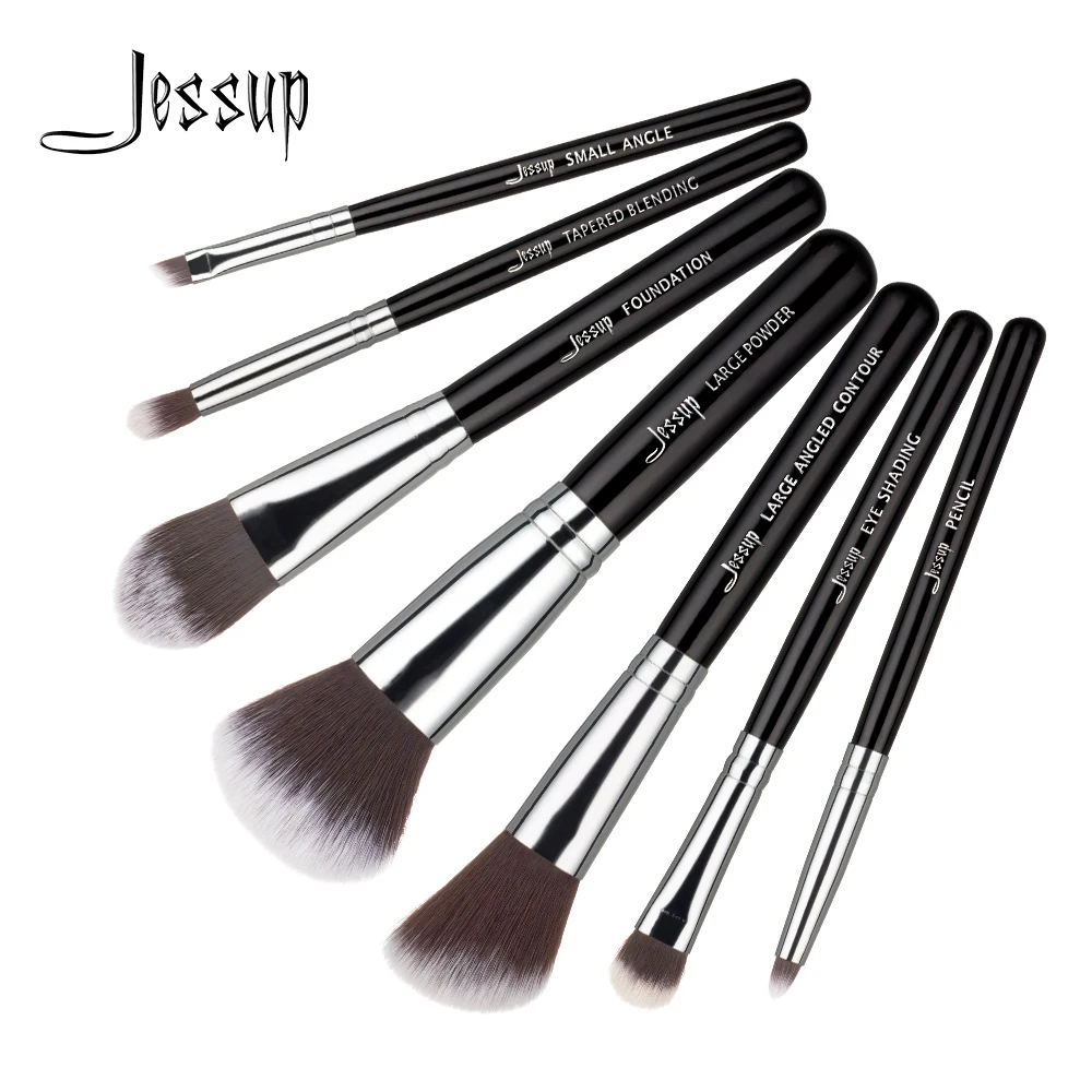 

Jessup 7pcs Makeup Brushes Set Black/Silver Wooden Handle Foundation Eyeshadow Powder Contour Blending Angle Brushes T071