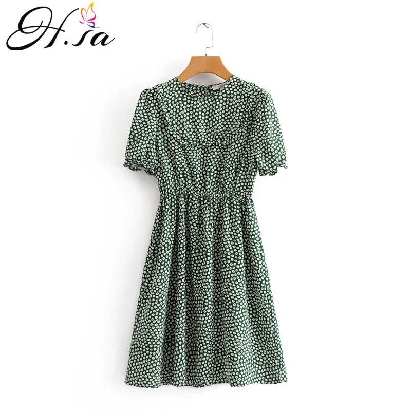 

H.SA vestidos de festa 2019 Women Summer Pleated Dresses Oneck Short Sleeve Small Floral Green Dresses ropa mujer Retro Robe