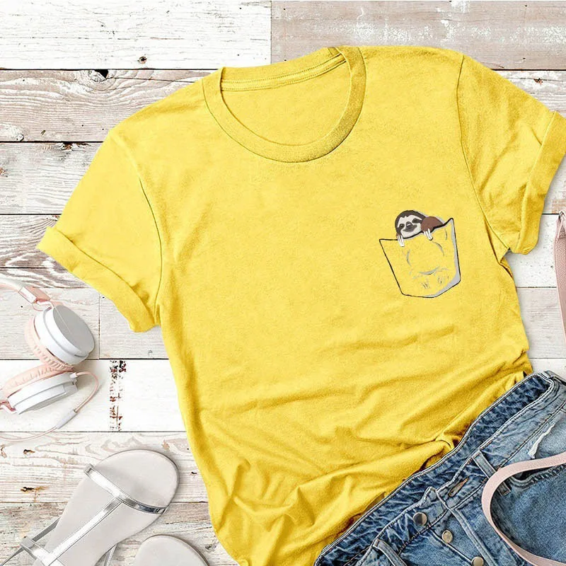 Женская футболка размера плюс S-5XL, новая милая футболка с надписью Ленивец, хлопок, круглый вырез, короткий рукав, летняя футболка, топы, повседневные футболки - Цвет: A0306-huangse