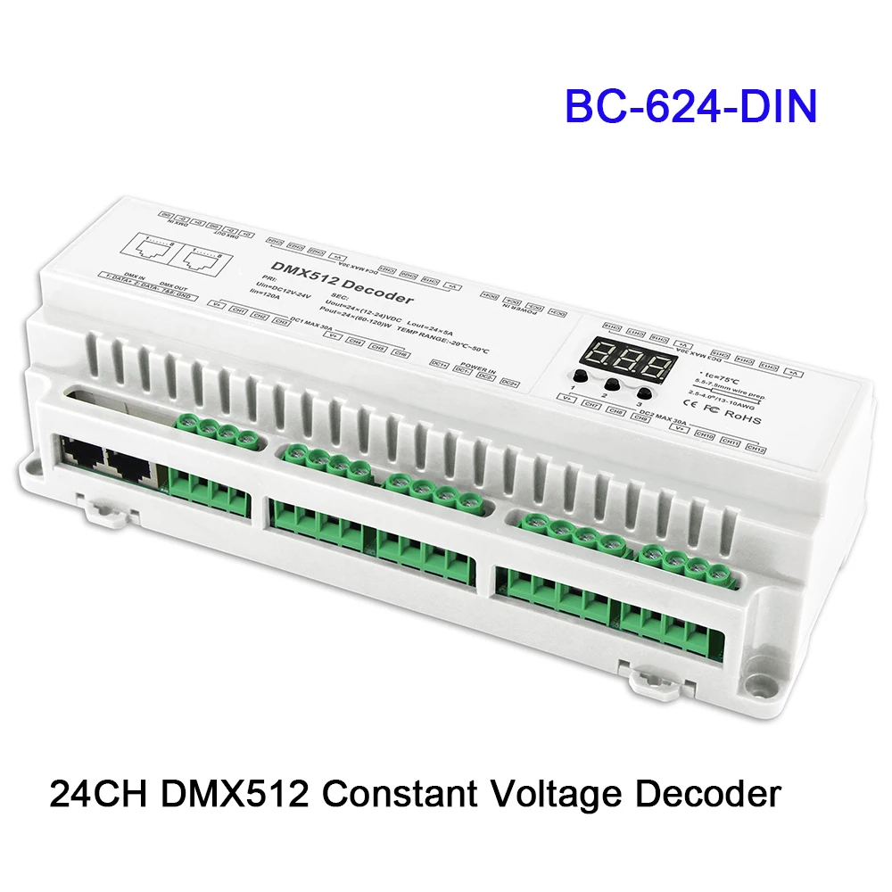 BC-624-DIN/BC-632-DIN/BC-640-DIN 24/32/40CH DMX512/8bit/16bit Input DC12V-24V RJ45 Connect LED RGB/RGBW Strip lamp Decoder