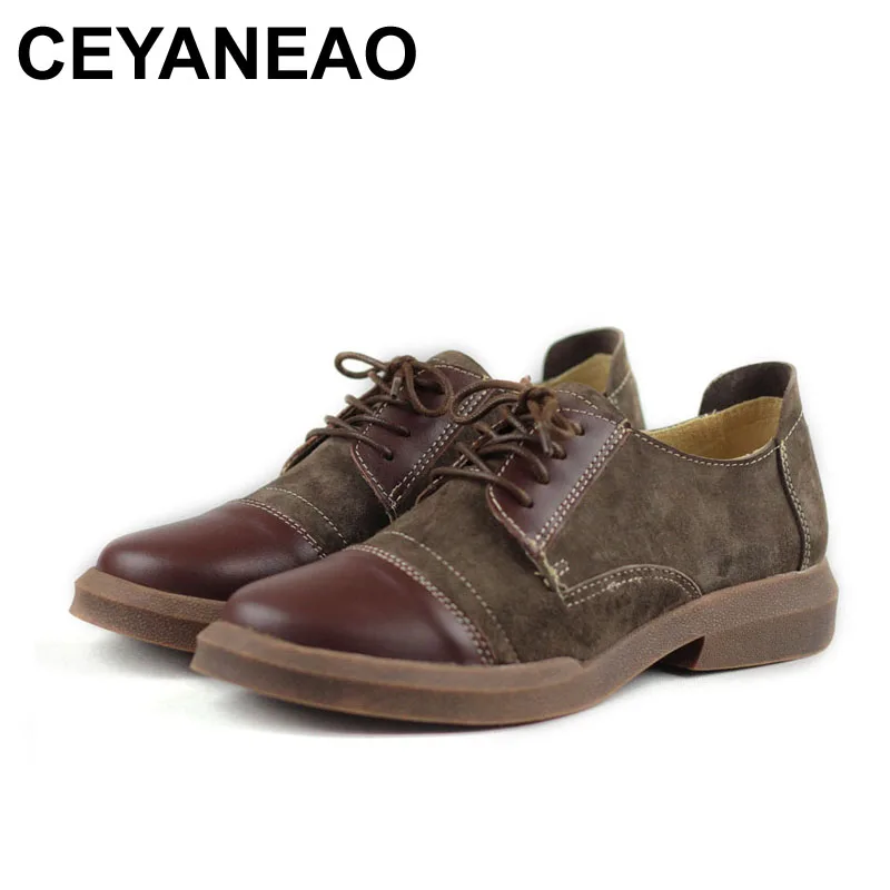 

CEYANEAO Women Shoes Round toe Lace up Oxford shoes 100% Genuine Leather Women Flat shoes Female Spring Footwear (5037-1)