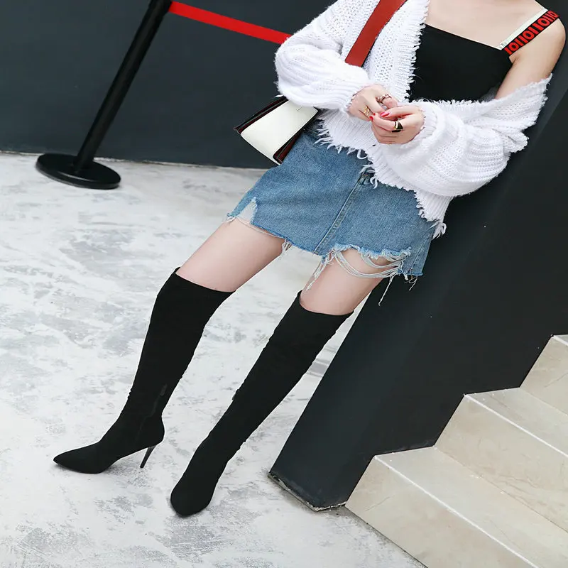 Winter Over The Knee Women Boots Stretch Fabrics High Heel Slip on Shoes Pointed Toe Woman Long Boots Size 34-43