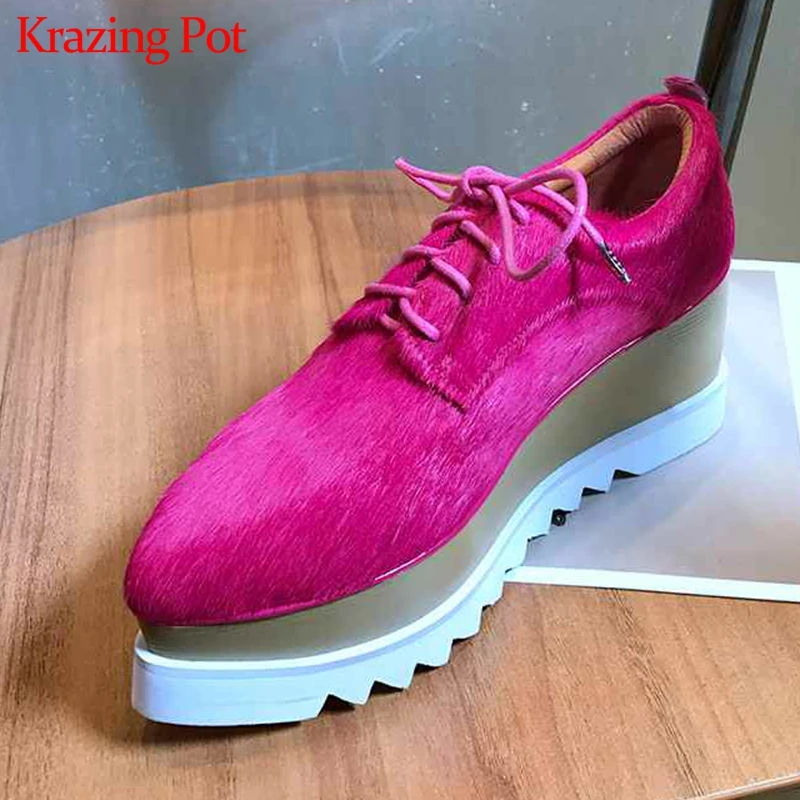 

Krazing Pot 2019 real fur horsehair pointed toe platform high fashion lace up thick bottom original design gladiator shoes L18