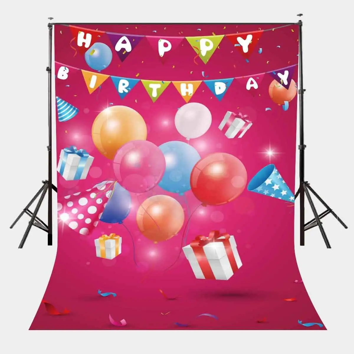 

150x220cm Happy Red Gift Room Backdrop Colorful Balloons Colorful Flags Photography Background Birthday Party