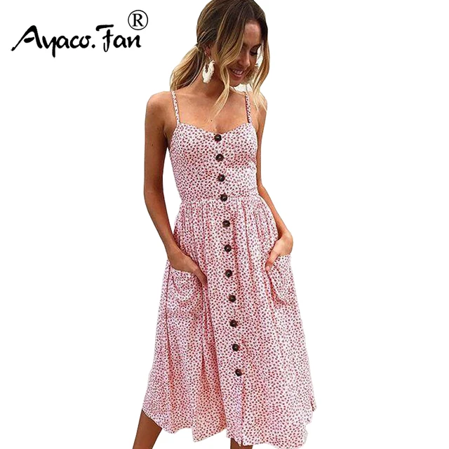 Sexy V Neck Backless Floral Print Summer Beach Dress Women 2018 Boho Striped Button Dots Daisy Party Midi Dresses 11 Types