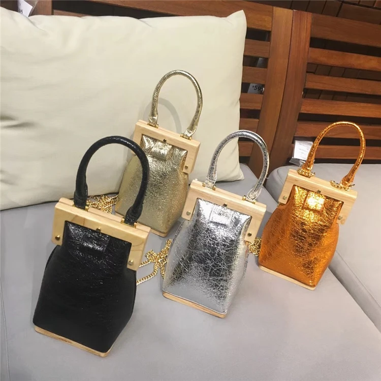 

Bolsos Mujer Hot Sale Retro Sequins Clip 2018 European And American New Wooden Small Leather Handbag, Shoulder Bag, Satchel Bag