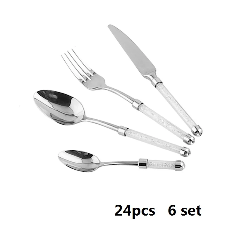 24pcs 6sets 4 шт., акриловая Хрустальная ручка, Свадебный комплект посуды для ужина, роскошная столовая посуда из нержавеющей стали, кухонный столовый нож, вилки, чайная ложка - Цвет: 24pcs 6sets