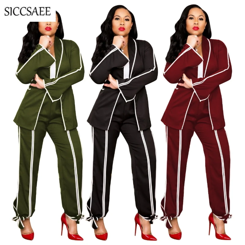 

Two Piece Set Women With Sashes Blazer Long Pants Matching Sets 2019 Fall New Patchwork Work Wear Office Lady Elegant Outfits