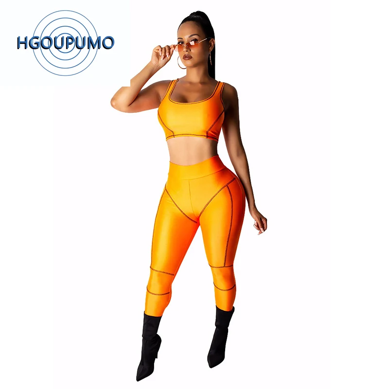 

Neon Green Orange 2 Piece Outfits For Women Summer Tank Crop Top And Pencil Long Pant Sweatsuits Casual Two Piece Set Tracksuit