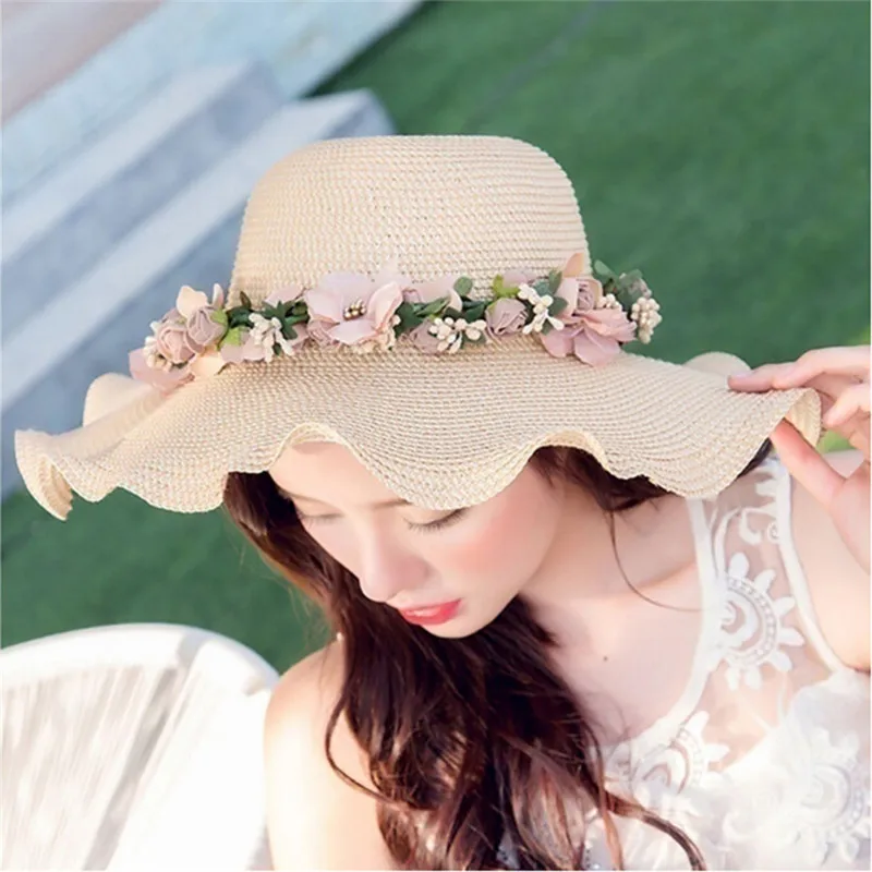 2017 New Anti UV Flower Straw Hat With A Wide Brim Straw Sun Hats For Women Girls Cap Beach