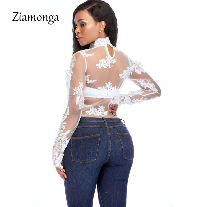 Ziamonga боди с длинным рукавом для женщин See Through сетчатые Комбинезоны Черный, белый цвет средства ухода за кожей Femme Monos Cortos De Mujer вышивка кружево