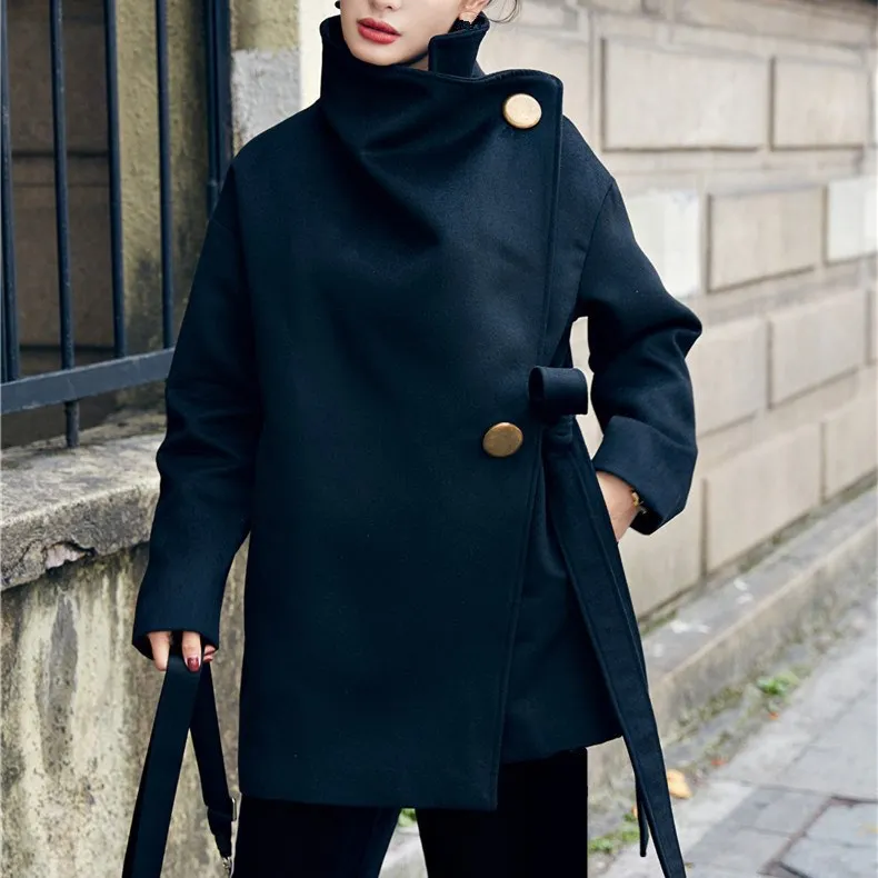 

New Women Irregular Long Woolen Coat Turn-Down Collar Autumn Winter Fashion Sashes Solid Coats Casual Loose Outerwear