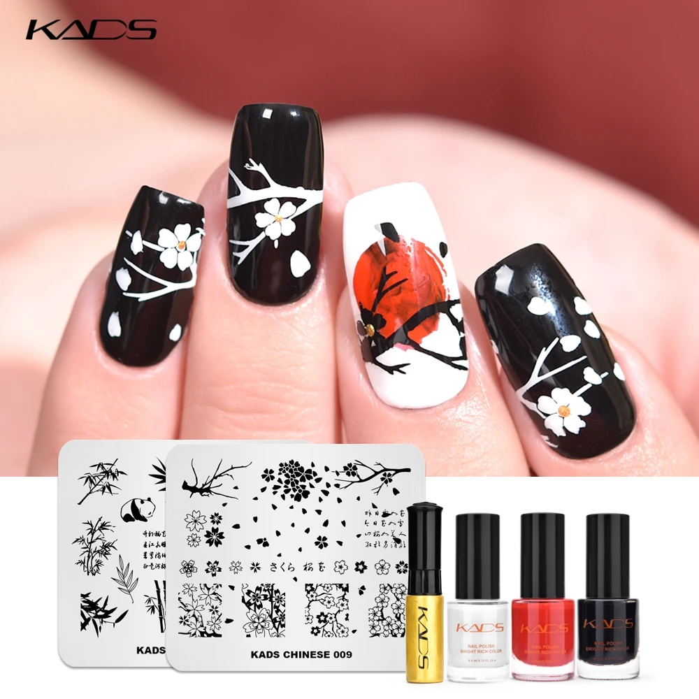 

KADS Nail Art Stamping Set Chinese Element Plum Panda Bamboo Nail Art Image StampTemplates Manicure Printing Stencil Tools Kit