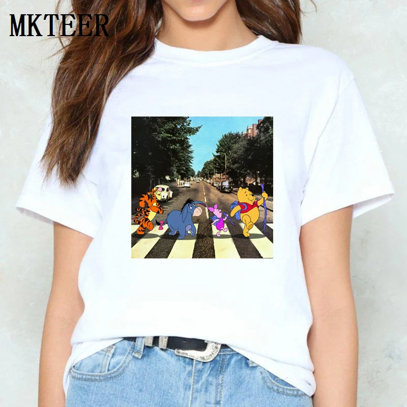 Kawaii Pooh Abbey Road Эстетическая Женская модная футболка Femme Harajuku футболка Vogue Camiseta Mujer летние Ulzzang Топы И Футболки