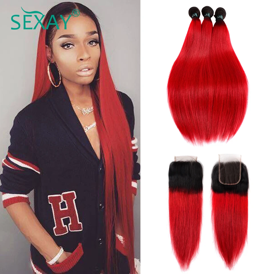 

Ombre Bundles With Closure Dark Roots Ombre Red Human Hair Brazilian Straight Hair 3 Bundles SEXAY Red Bundles With Closure