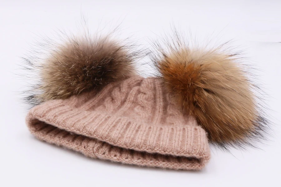YWMQFUR Милая шапка с помпоном из натурального меха для детей зимние вязаные шапочки шапка с настоящим шарик из меха енота детская съемная меховая шапка