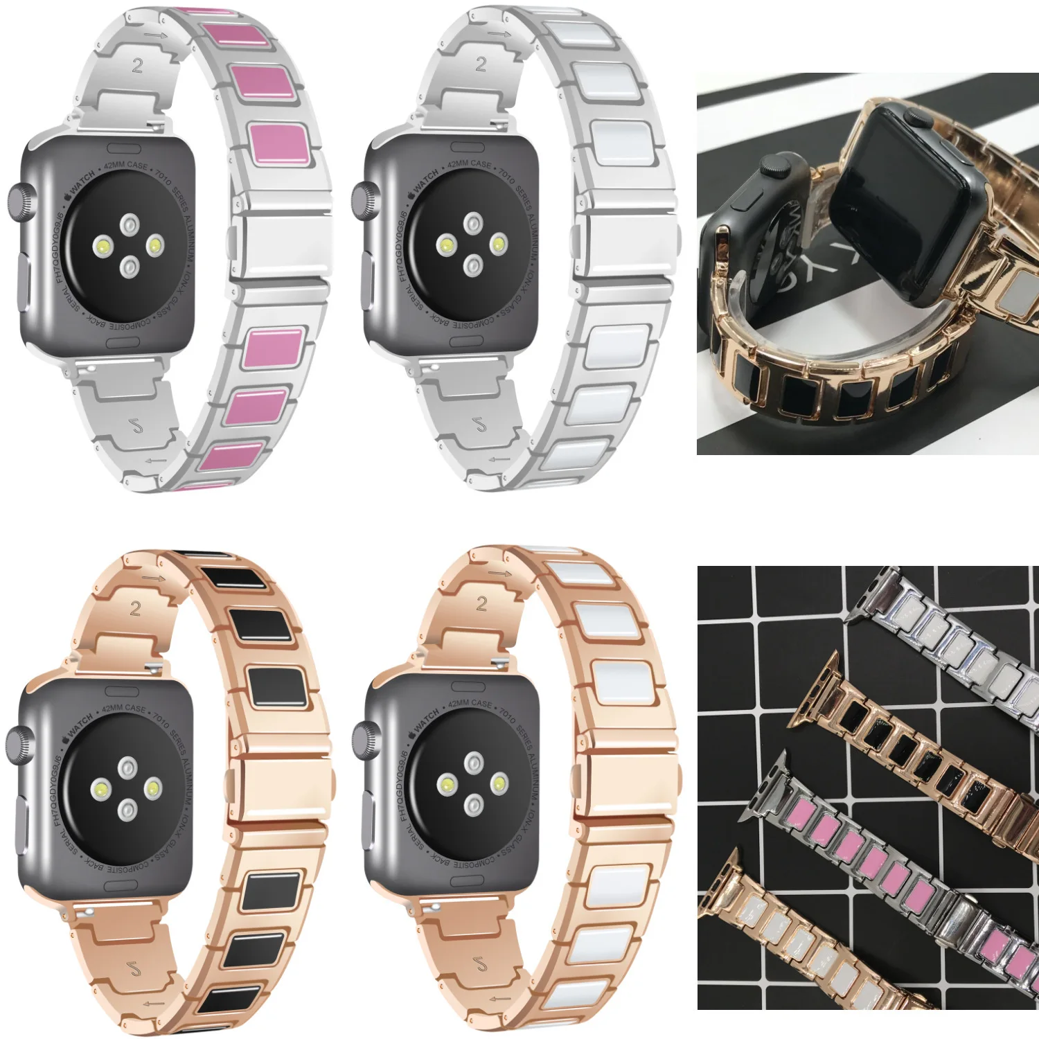 LisWale Fashion Ceramic Watch Band for Apple Watch 38/42mm Link Bracelet Stainless Steel Metal 