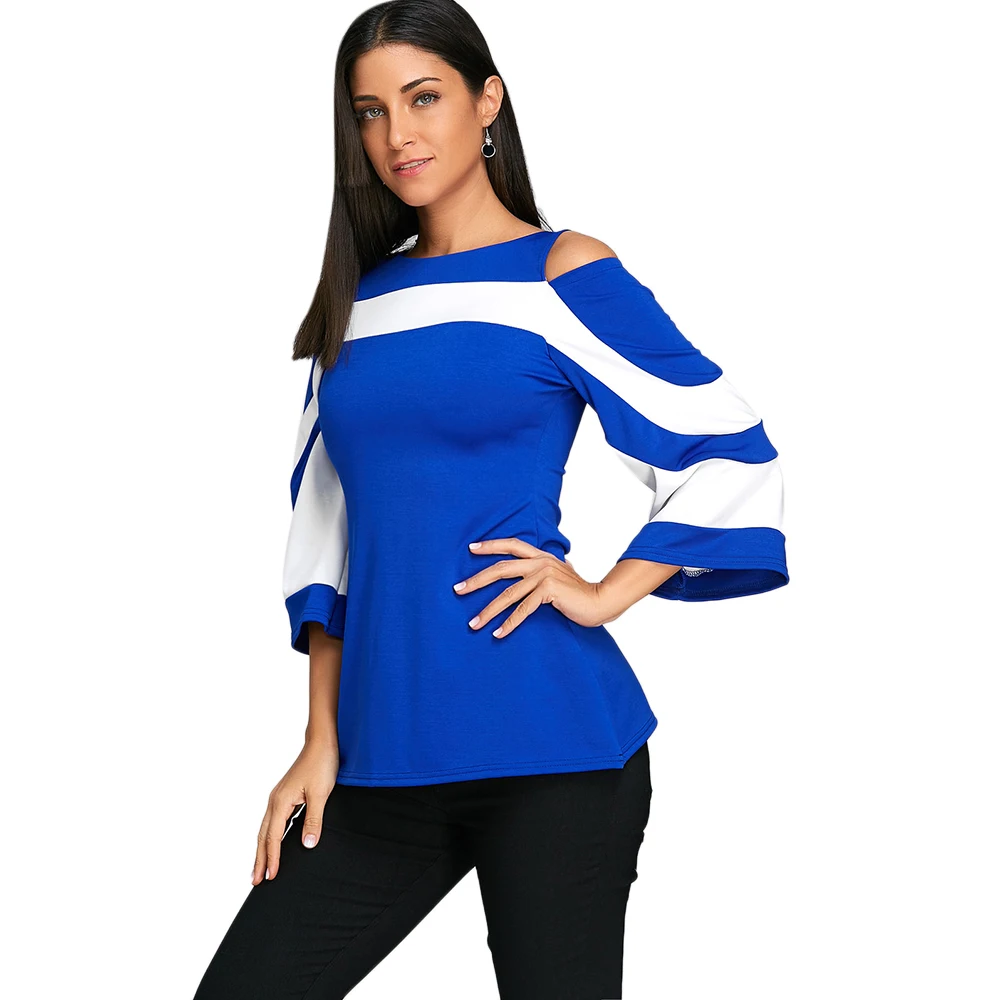 Lortalen 2019 Blouse Women Flare Sleeve Cold Shoulder Two Tone Blouse