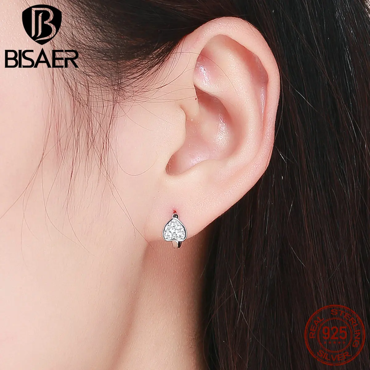 BISAER, 925 пробы, серебряные, прозрачные, CZ, сердце, большие серьги-кольца для женщин, модные ювелирные изделия, Brincos Mode Bijoux GXE518