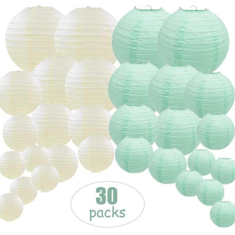 

30 Pcs Per Set 6"-14" Beige and Mint Green Chinese Paper Lantern Mixed Size lampion mariage Wedding boule papier Hanging Decor