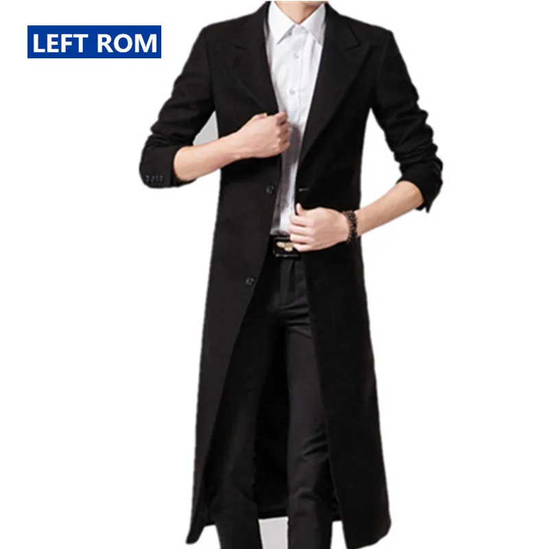 

Autumn Winter Mens Pure Color Fashion Boutique Wool Blends Super Long Woolen Cloth Dust Coat / Male Slim Black Dust Coat Jackets