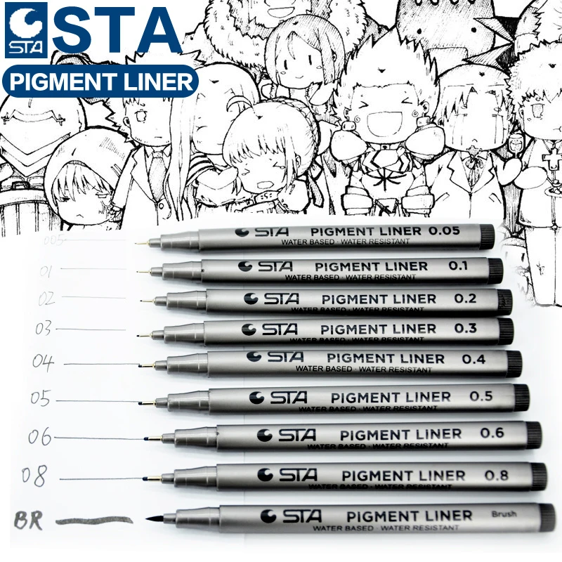 

STA 9 PCS/set Waterproof Fade Proof Micron Pen Tip Fine Liner Black Sketch Water Marker Pen for Manga Art Supplies Brush Pen