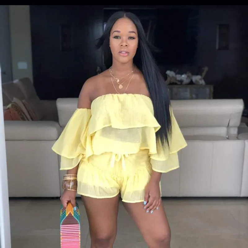 

Sexy Cascading Ruffle Casual Two Piece Set Women Summer Slash Neck Ruffles Sleeve Shorts Suits Crop Top Solid Outfits
